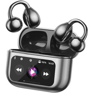 Open Ear Clip On Earbuds Intelligent Touch Color Screen Open Ear Wireless Bluetooth 5.4 Headphones Lightweight Comfort Sport Earbuds Built-in Mic IPX7 Waterproof Earphones for Running Fitness(Black) (M100)