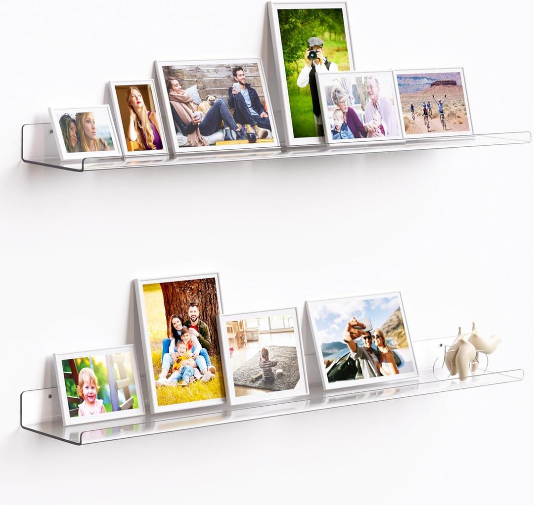 Upsimples 2 Pack 35.5x5.5 Inches Acrylic Shelves for Wall Storage, Floating Bookshelves for Kids, Display Shelf Organizer for Bathroom, Bedroom, Living Room, Kitchen, Clear