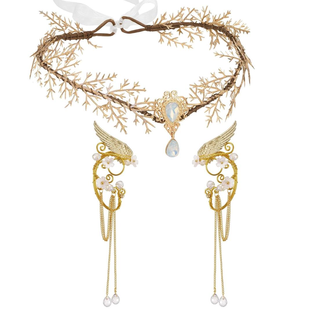 SWEETV Fairy Flower Hairband with Elf Ears, Halloween Fairy Headpiece for Women, Leaf Elf Circlet with Wings Cuff Earrings, Leaf Hairband Set for Photoshoot Cosplay Party (1 Count (Pack of 1))