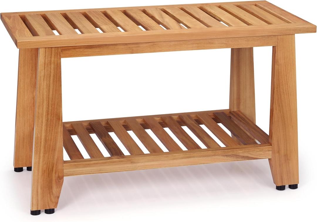 Teak Shower Bench, 30'' Heavy Duty Teak Wood Bathroom Seat, Water-Resistant Spa Bath Stool with Non-Slip Rubber Feet and Storage for Inside Shower and Outdoor Use, 350 lbs Capacity
