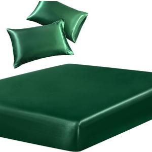 SiinvdaBZX 3-Piece Set Satin Twin Fitted Sheet & 2 Pillowcase, Emerald Green Silky Soft Fitted Bottom Sheet, Wrinkle Free, Fade Resistant, Deep Pocket Bed Sheet (Deep Up to 15")