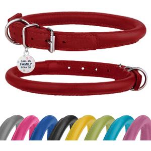 Rolled Leather Dog Collar Soft Round Collars, ID Tag for Small Medium Large Dogs (9-12 inch, Imperial Red)