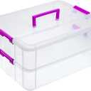 JUXYES 2-Tiers Stack Carry Storage Box With Handle, Transparent Stackable Storage Bin With Handle Lid Latching Storage Container for School & Office Supplies (Purple)