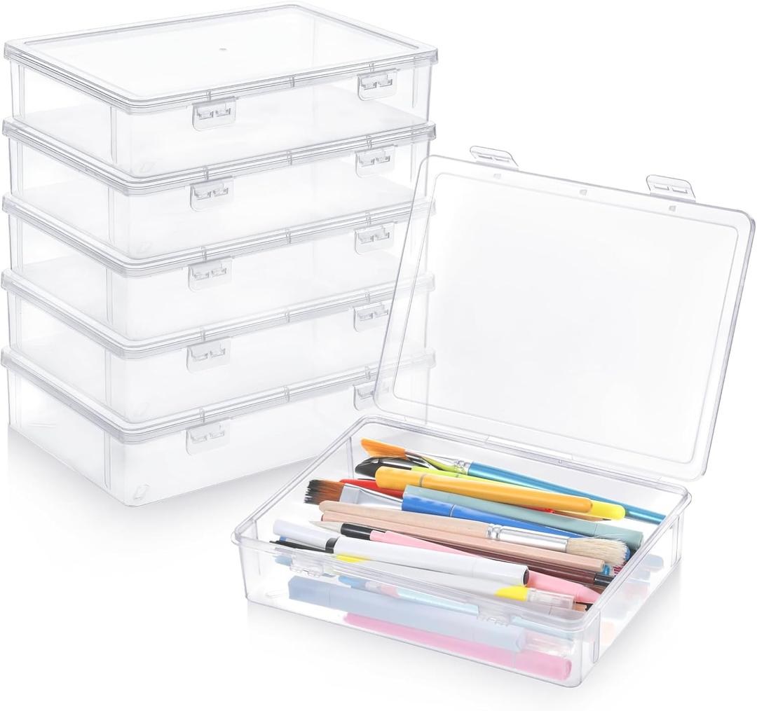 Oqqlin 6 Pcs Plastic Storage Boxes with Lids, 9 x 6.5 x 2 Inch Clear Rectangular Plastic Box Multipurpose Craft Organizers Small Storage Containers for Pencils, Beads, Craft Accessories, Small Items