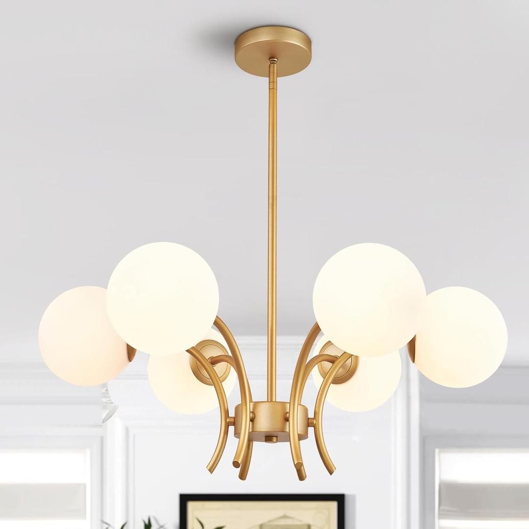 6-Light Gold Sputnik Chandeliers, Globe White Glass Shade Pendant Light Fixture, Mid-Century Modern Chandeliers for Bedroom Living Room Hallway Dining Room Kitchen