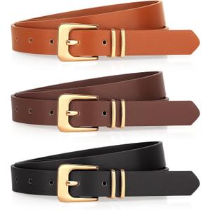 Monoluxe Pack 3 Womens Belts for Jeans Pants, Ladies Girls Leather Belts with Gold Sliver Buckle (Black/Brown/Coffee(gold Buckle))