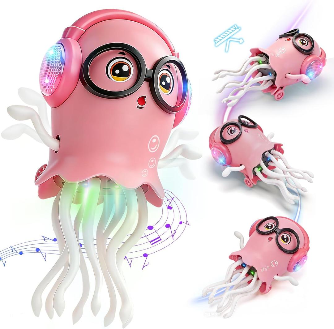 GONINO DJ Dancing Jellyfish Baby Girl Toys, Musical Crawling Tummy Time Toys with LED Light & Smart Obstacle Avoidance, 360 Spin Sensory Toys for Toddlers Kids, Birthday Gifts for Girls, Pink