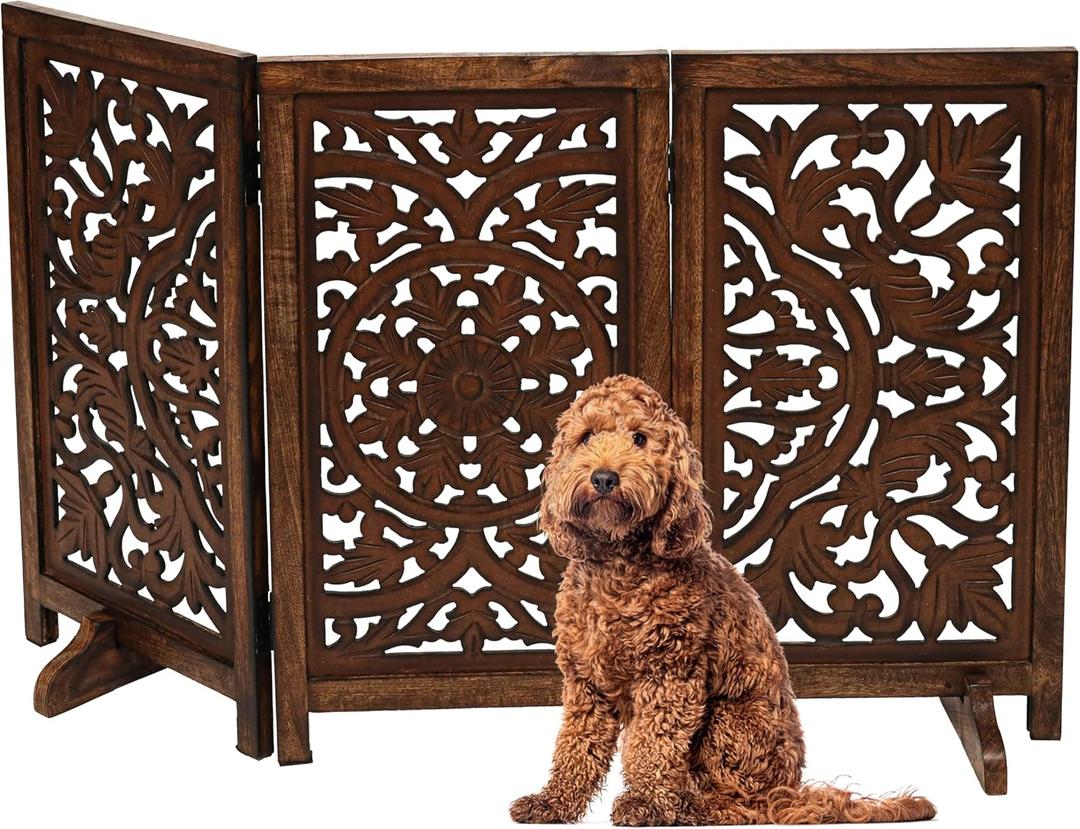Freestanding Pet Gate for Dogs, Foldable Wooden Dog Gate for House, Indoor Dog Gate for Stair, Doorway, Circle Design Gates for Dogs Indoor, 48 Inch Wide, (16" x3 Panels 48 inch)