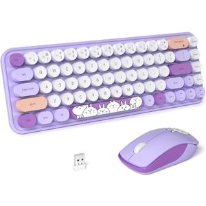 FOPETT Wireless Keyboard and Mouse Cute Mouse and Keyboard 2.4G Wireless Keyboards with Colorful 68 Keys Typewriter Retro Round Keycap for PC, Laptop,Tablet,Computer Windows - Purple Colorful