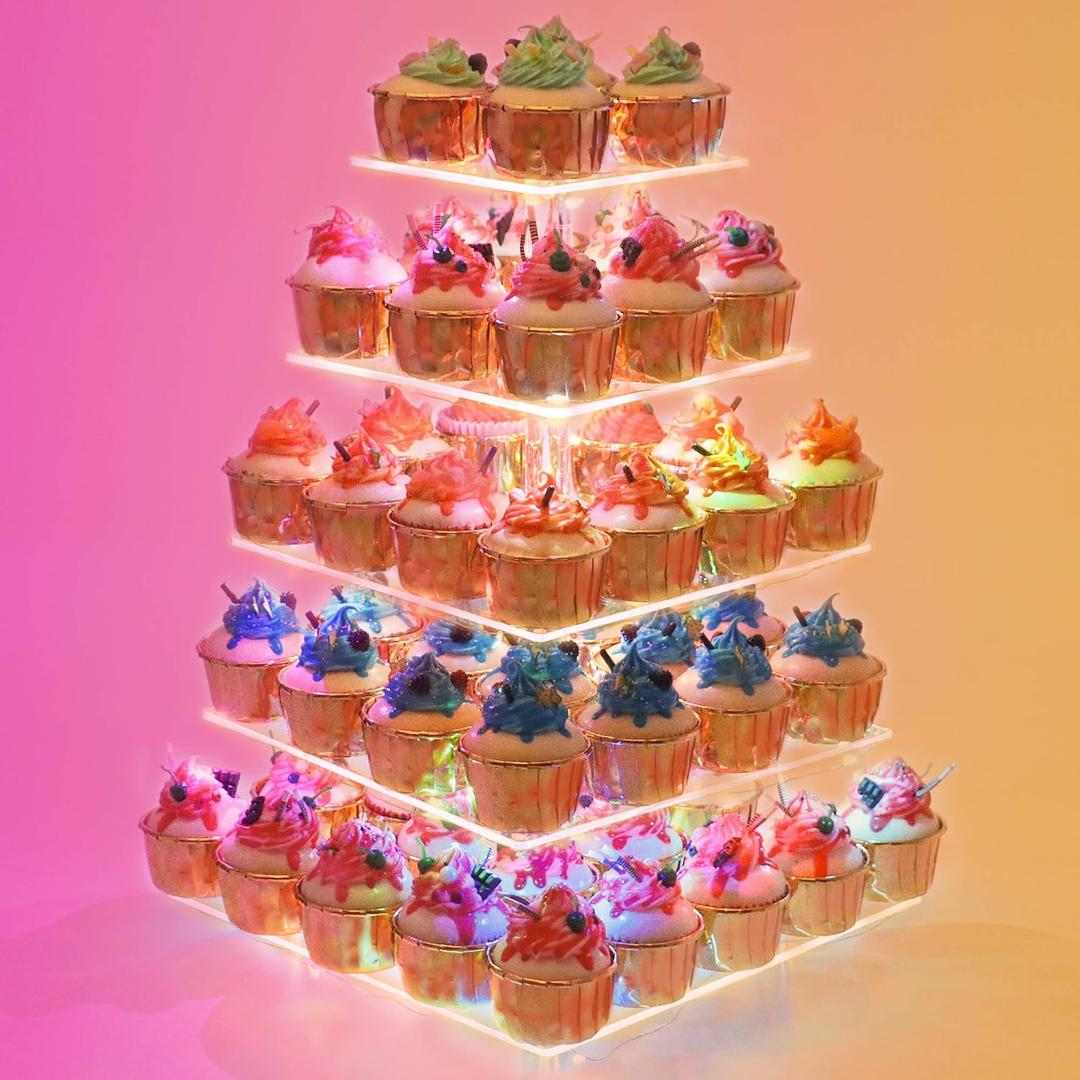 YestBuy Cupcake Stand  5 Tier Premium Cupcake Holder  Acrylic Cupcake Tower Display  Cady Bar Party Dcor  Acrylic Display for Pastry + LED Light String  Ideal for Weddings, Birthday (Colorful) (5 Tier Square)