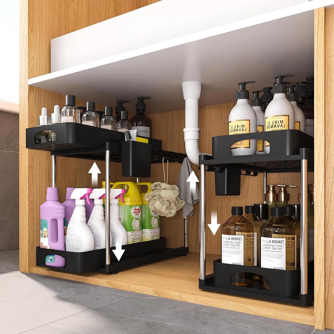 2 Tier Adjustable Height Under Sink Organizer, Pull Out Under Cabinet Bathroom Organizers and Storage, 2 Pack Under Kitchen Sink Storage with Double Sliding Drawers, Black