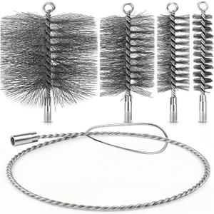 5 Pcs Pipe Cleaning Brush Set Sweep Brush with Flexible Rods 4 Stainless Steel Pipe Brushes Chimney Cleaning Kit with Standard End Fitting for Auto Parts, Bottles, Tubes, Hearth Fireplace