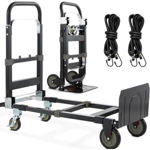 3-in-1 Folding Hand Trucks, 600Lbs Convertible Hand Truck Dolly, Heavy Duty Convertible Dolly with Retractable Handle and 4 Rubber Wheels, Collapsible Cart for Moving Office/Home/Warehous(Black)
