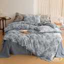 VM VOUGEMARKET Duvet Cover Set King Size Linen Cotton Yarn-Dyed Duvet Cover,Jacquard Garden Floral Pattern Monet Style 3Pieces Bedding Set,Navy Blue