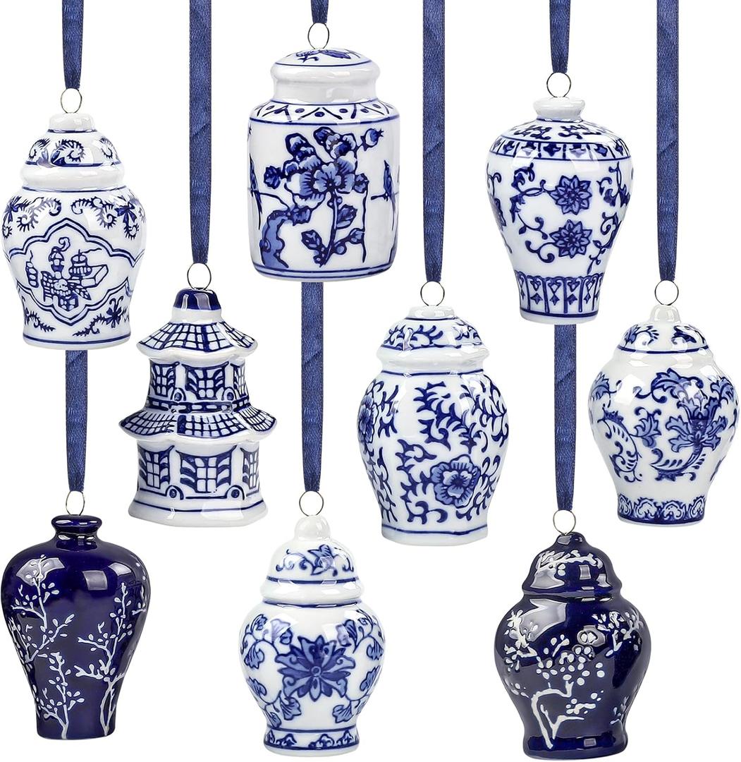 YIYA 9 Pack Porcelain Christmas Tree Ornaments 3.5 in Blue and White Ornaments Christmas Chinoiserie Hanging Ornaments Mini Ginger Jar for Xmas Tree Vintage Decoration