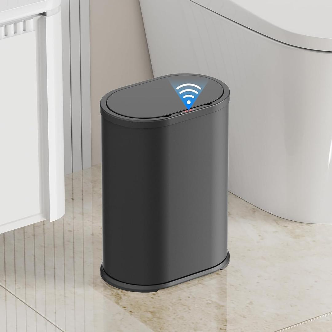 1.6 Gallon Automatic Bathroom Trash Can, 6L Touchless Motion Sensor Garbage Can with Lid, Smart Stainless Stee Trash Bin for Narrow Spaces, Bathroom, Office, Bedroom, Living Room (Black)