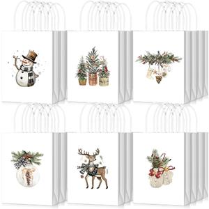 Kolldenn 24 Pack Modern Rustic Christmas Gift Bags with Handle Boho Watercolor Christmas Small Paper Gift Wrapping Bags for Xmas, Winter Weddings, Birthdays