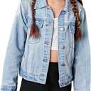 WDIRARA Girl's Ripped Flap Pocket Button Front Long Sleeve Collared Denim Jacket M/L