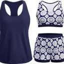 3 Piece Tankini Swimsuits Women - Athletic Swim Tank Top with Bra and Boyshorts Bathing Suits Modest Swimwear 2026 (Medium, Navy Geometry)