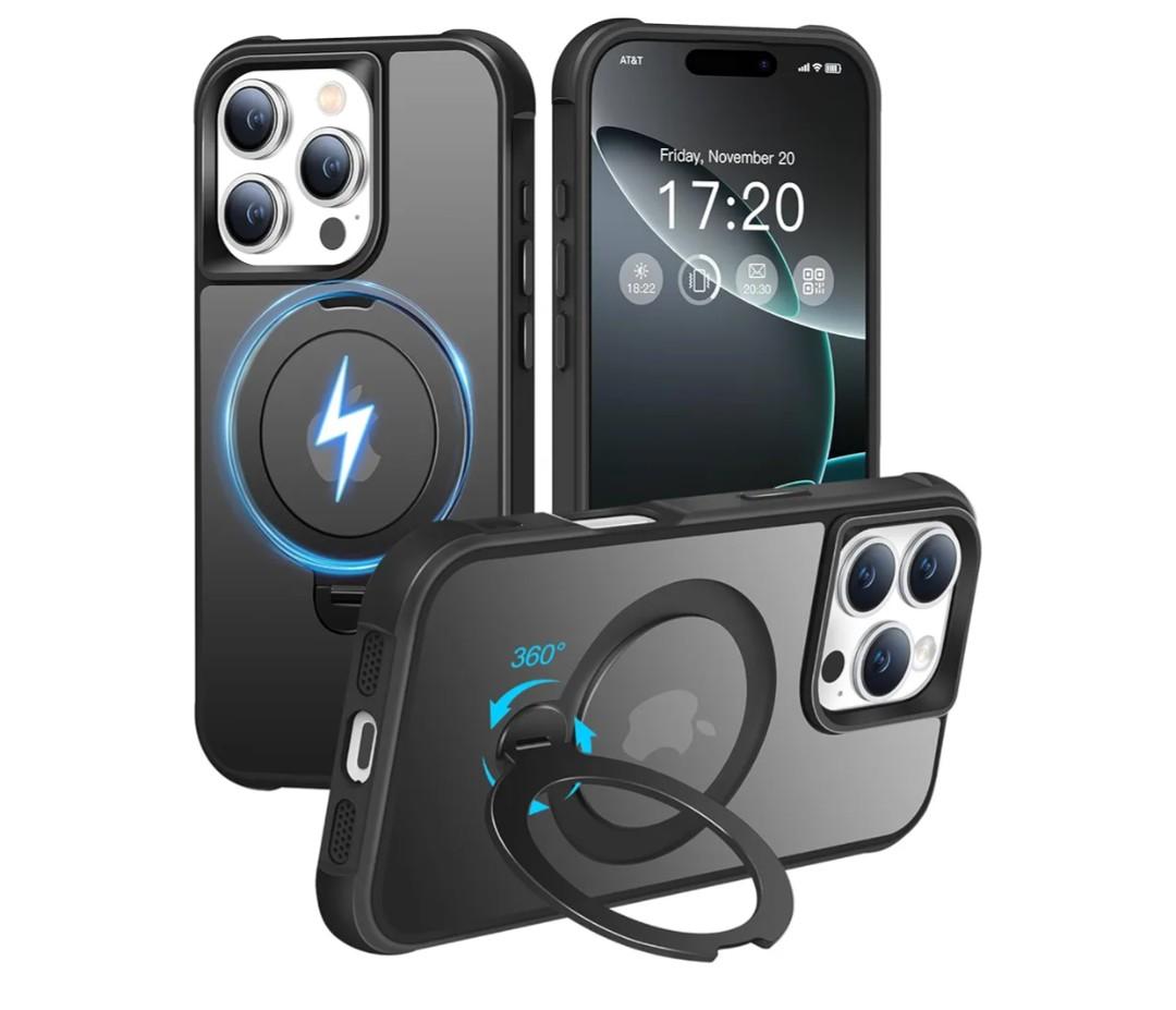 HuwaiH 360° Rotatable Magnetic Ring Stand for iPhone 16 pro Case, Compatible with MagSafe, Military-Grade Shockproof, Anti-Scratch Matte Translucent Phone Case for iPhone 16 pro(Black)