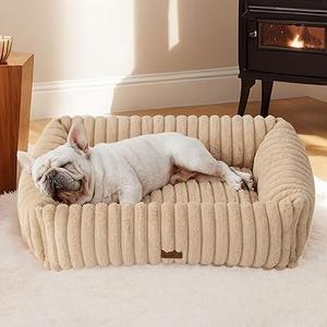 Bedsure Washable Dog Bed for Medium Dogs - Cute Furry Puppy Beds, Rectangle Orthopedic Corduroy Fleece Pet Beds with Removable Zipper Cover, 30x24x8inches, Sandy Tan