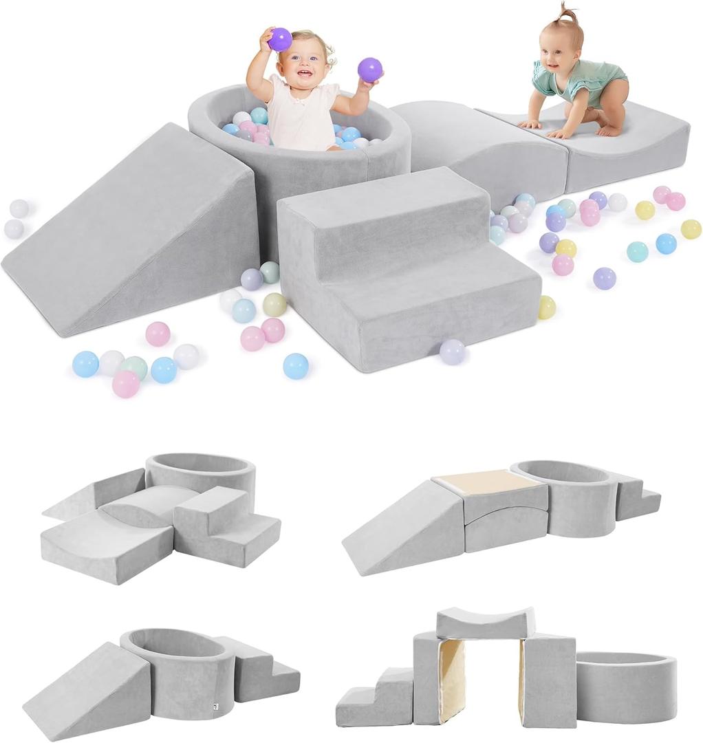 Foam Climbing Blocks with Ball Pit Designed for Toddlers Aged 1-3 -Great for Indoor Crawling, Inside Foam Playground Set for Little Ones to Active Playing -(Balls NOT Included) Grey (Grey-5 Pieces)