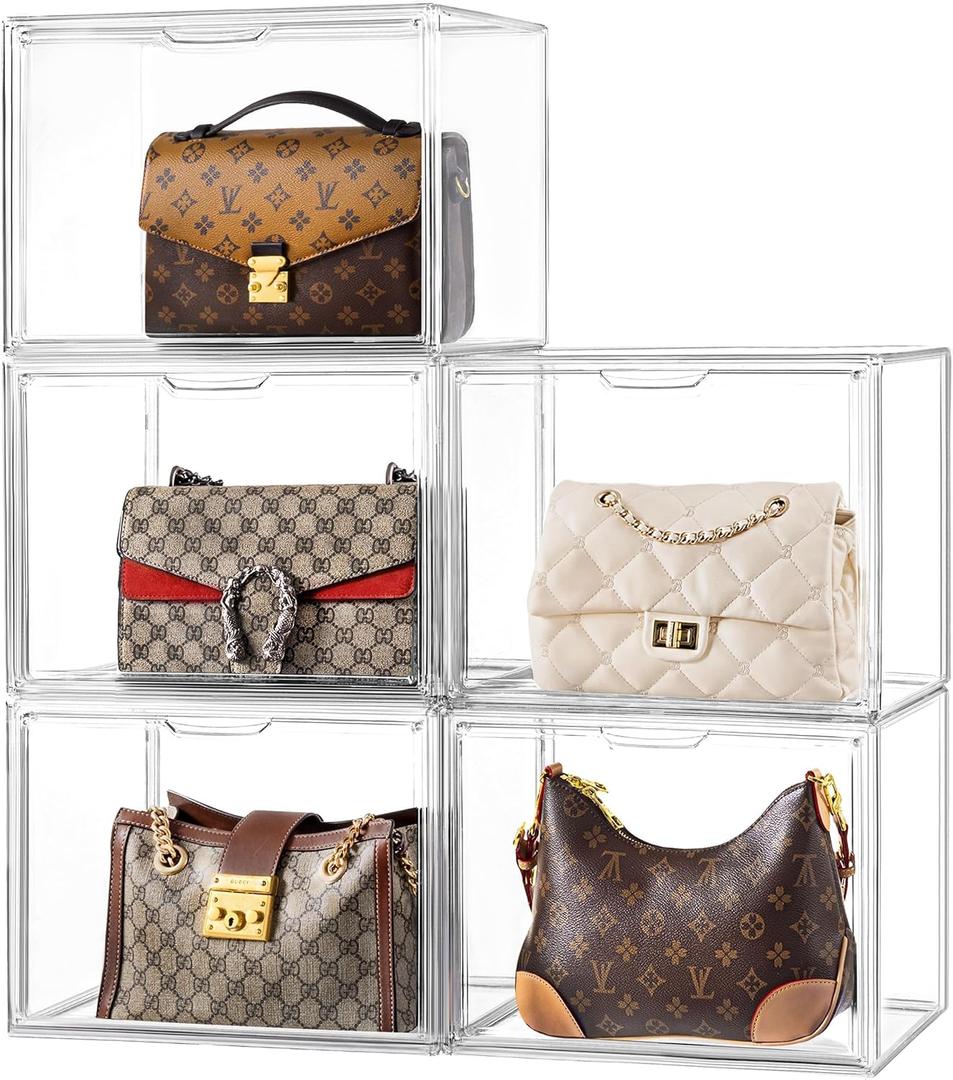 HBlife 5 Pack Purse Storage Organizer for Closet, Large Clear Stackable Handbag Display Case Box with Magnetic Door for Collectibles, Cosmetics, Women Heels and Toys