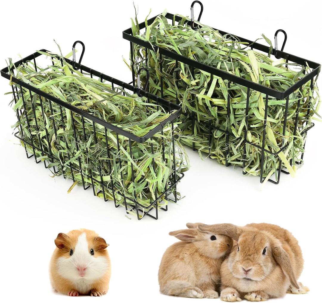 2PCS Rabbit & Guinea Pig Hay Rack with Heavy Duty Metal Frame - Pet Grass Feeder for Small Animals (Dark black)