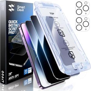 SMARTDEVIL 2+2Pack for iPhone 14 Pro Privacy Screen Protector with Camera Lens Protector,Shatterproof Tempered Glass [True 28Anti Spy] [9H Hardness] [Automatic Dust-Elimination Install][Bubble Free]