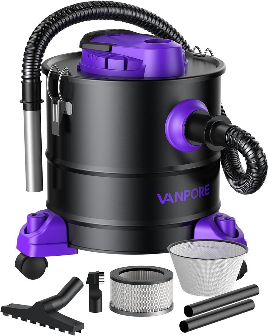 Ash Vacuum for Pellet Stoves: 5.2 Gallon Fireplace Ash Vac with 1200w Powerful Suction & Wheeled Base - Ash Vacuum Cleaner for Fireplaces, Pellet Grill, Wood Stove, Fire Pits (Purple)