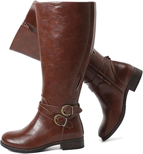 Luoika Women's Extra Wide Calf Knee High Boots, Wide Width Plus Size Boots Low Heel Side Zipper Tall Boots PU Size 8, Brown  Luoika Women's Extra Wide Calf Knee High Boots, Wide Width Plus Size Boots Low Heel Side Zipper Tall Boots PU Size 8, Brown