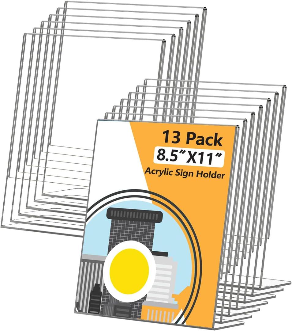 13 Pack Acrylic Sign Holder 8.5x11, L-Shape Clear Plastic Display Stands for Tabletop, Slanted Back Menu Flyer Paper Photo Picture Frame Display Stand for Restaurants Office Store Show Fair
