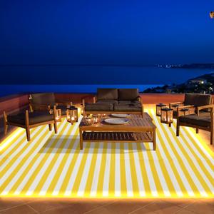 Reversible Mats with Led Strip Lights,9 x 18 FT Plastic Straw Rug with Led Strip Lights, Striped Outdoor Rug Area Rug, Large Floor Mat for Indoor Outdoors, Patio, Backyard, Deck, Picnic, RV Camping