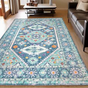 9x12 Area Rugs for Living Room, Machine Washable Non Slip Boho Floral Floor Carpet, Low Pile Lightweight Print Rugs for Bedroom, Dining Room, Home Office, Blue and Green