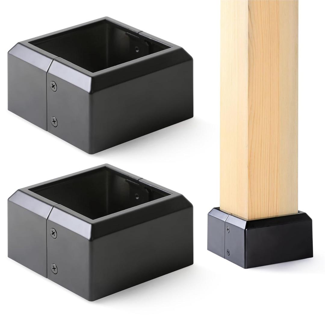 Prinfort 4"x4" (Actual: 3.5"x3.5") Deck Post Base Covers Aluminum, Split Style Post Base Trim Skirt Decorative Black 2Pack