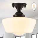 Bagood 12" Milk Glass Lights Fixture Schoolhouse Light Fixture Mid Century Light School House Lights Fixtures Ceiling Semi Flush Mount Ceiling for Bathroom Bedroom (Bulb Incl.) (12 inch-Black)