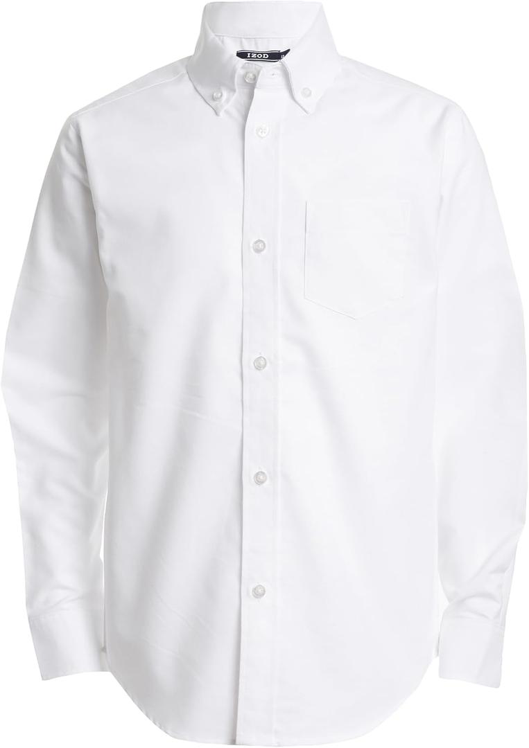 IZOD Boys' Long Sleeve Solid Button-Down Collared Oxford Shirt with Chest Pocket (12, White)