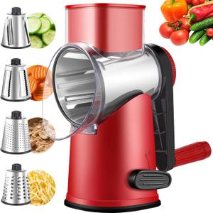 Rotary Cheese Graters with 4 Blades, Large Hand Crank Cheese Grater with Waffle Slicer, Red Cheese Shredder with Suction Base, Easier for Shredding & Grating (Red and Black, 4 Graters)