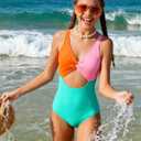 Funnycokid Girls One Piece Swimsuit Color Block Teen Bathing Suit with Pad Cover Up Skirt(7-16Y)