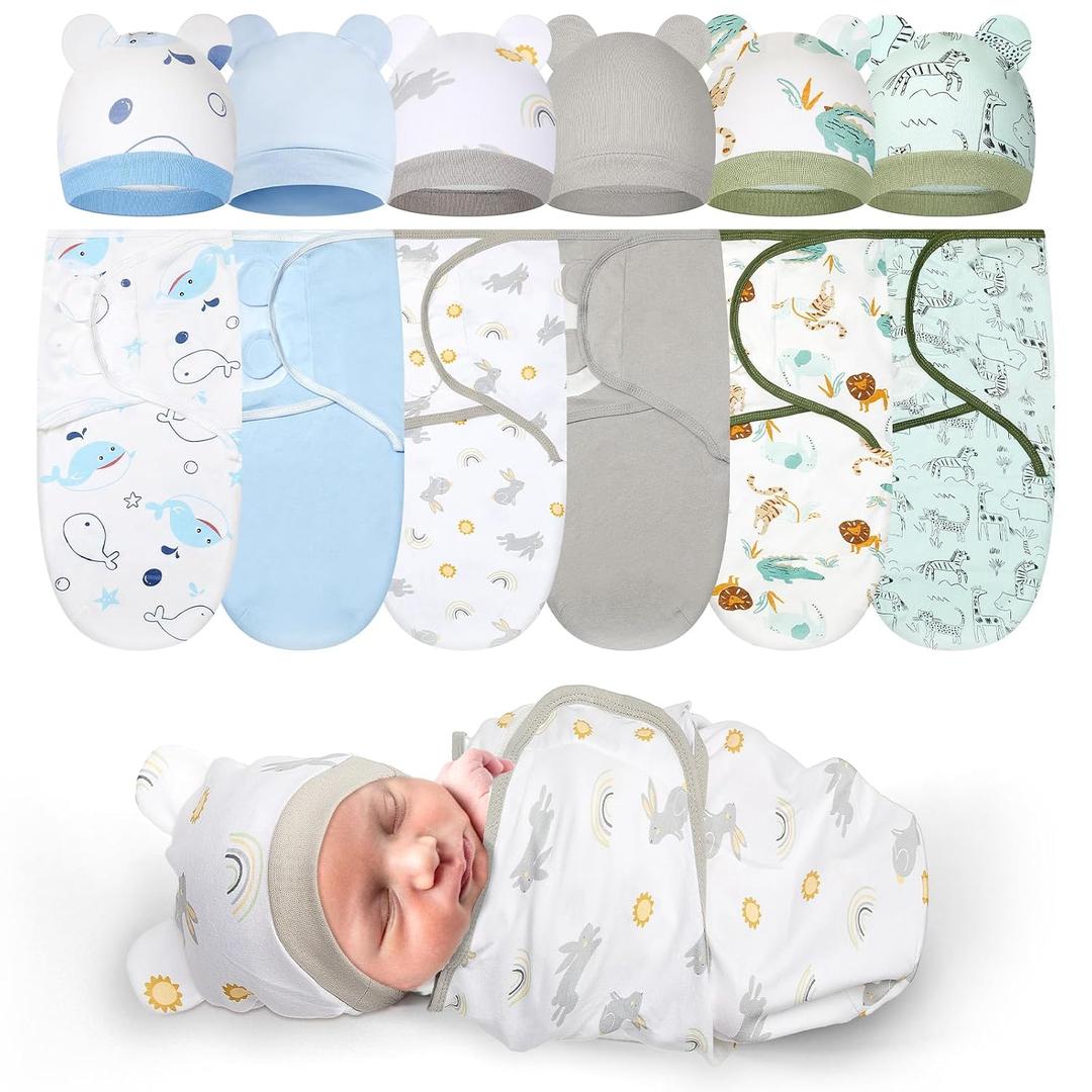 Ramede 6-Pack Preemie Baby Swaddle Blankets with Hats, Breathable 100% Cotton Baby Swaddles, Suitable for Preemie Babies and Newborns, Soft Cotton, Adjustable(Whale,Blue and Green)
