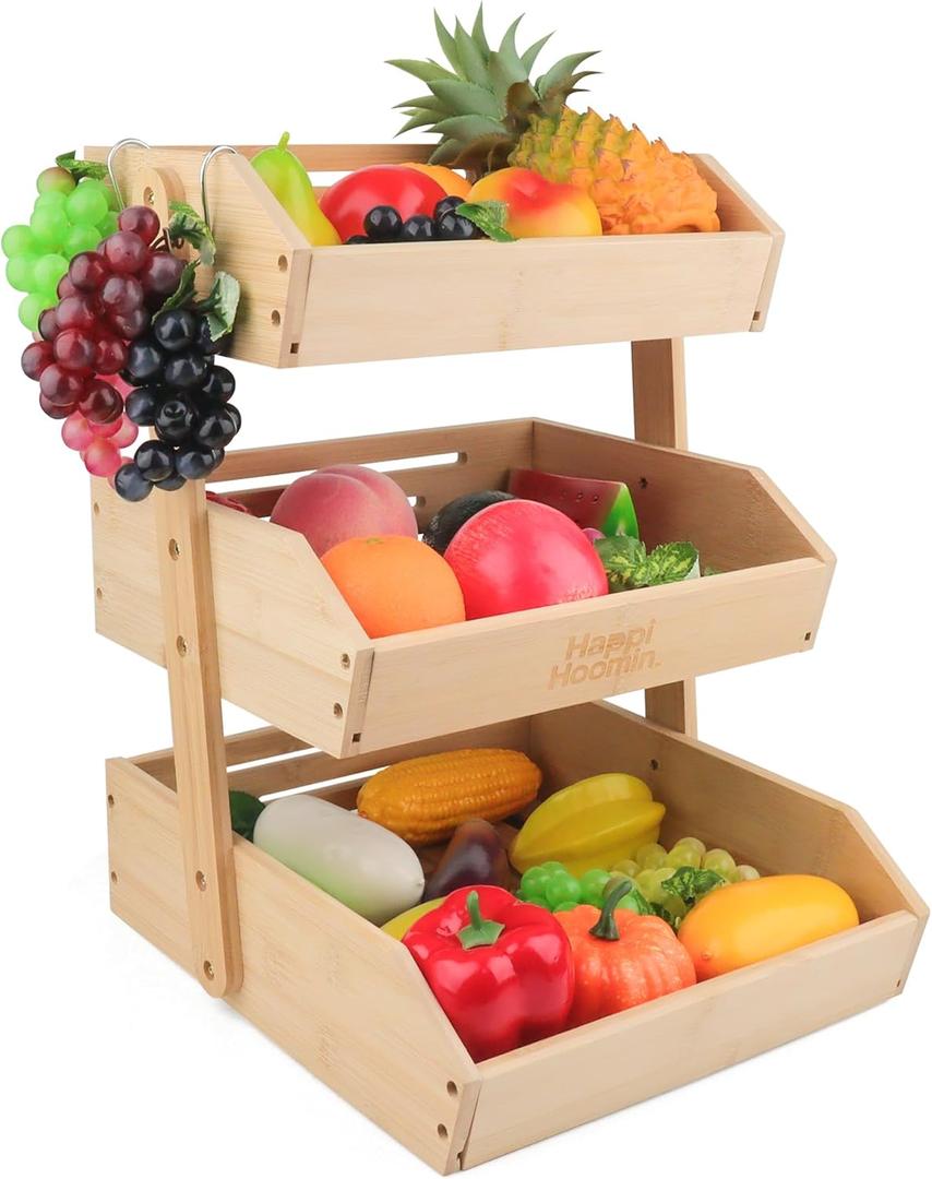 3 Tier Fruit Basket for Kitchen Counter, Bamboo Fruit and Vegetable Storage Rack, Kitchen Organizer and Storage, Vegetable Baskets for Kitchen, Fruit Organizer, Frutero para Cocina