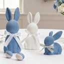 WDS WONDROUS Easter Decorations Bunny Figurines Set of 3, Flocked Rabbit Statues with Bows, Blue & White Resin Spring Home Decor for Tabletop Shelf Mantel Farmhouse Easter Decor Gifts