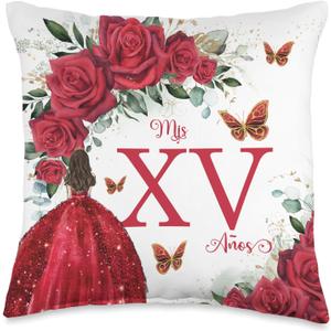 Red Roses Floral Quinceaera Mis XV Aos Throw Pillow (16x16)