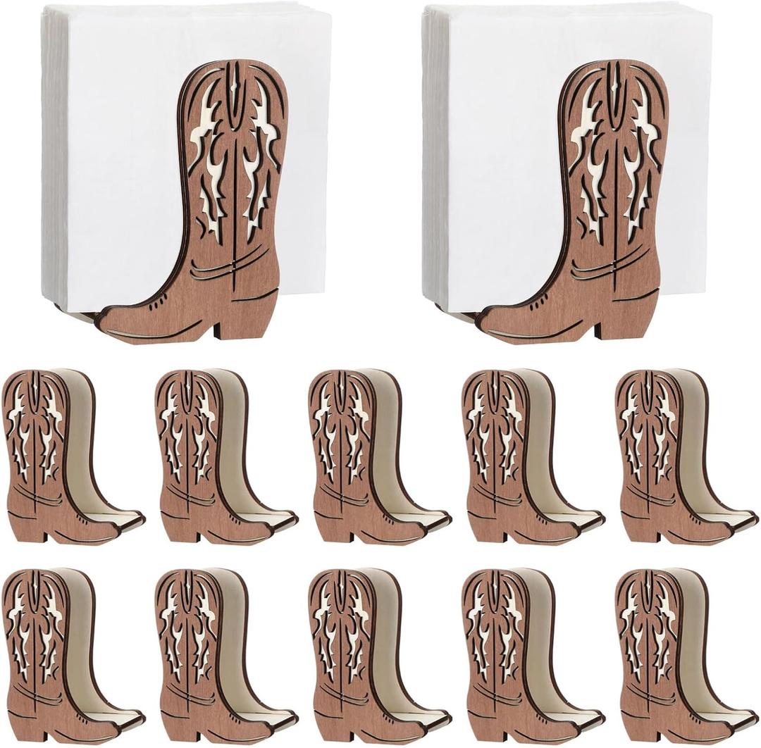 CroBlissful 12 Pcs Western Cowboy Boot Napkin Holder for Table Kitchen Farmhouse Napkin Dispenser Rustic Paper Holder Standing Brown for Western Party Decoration (Wood)