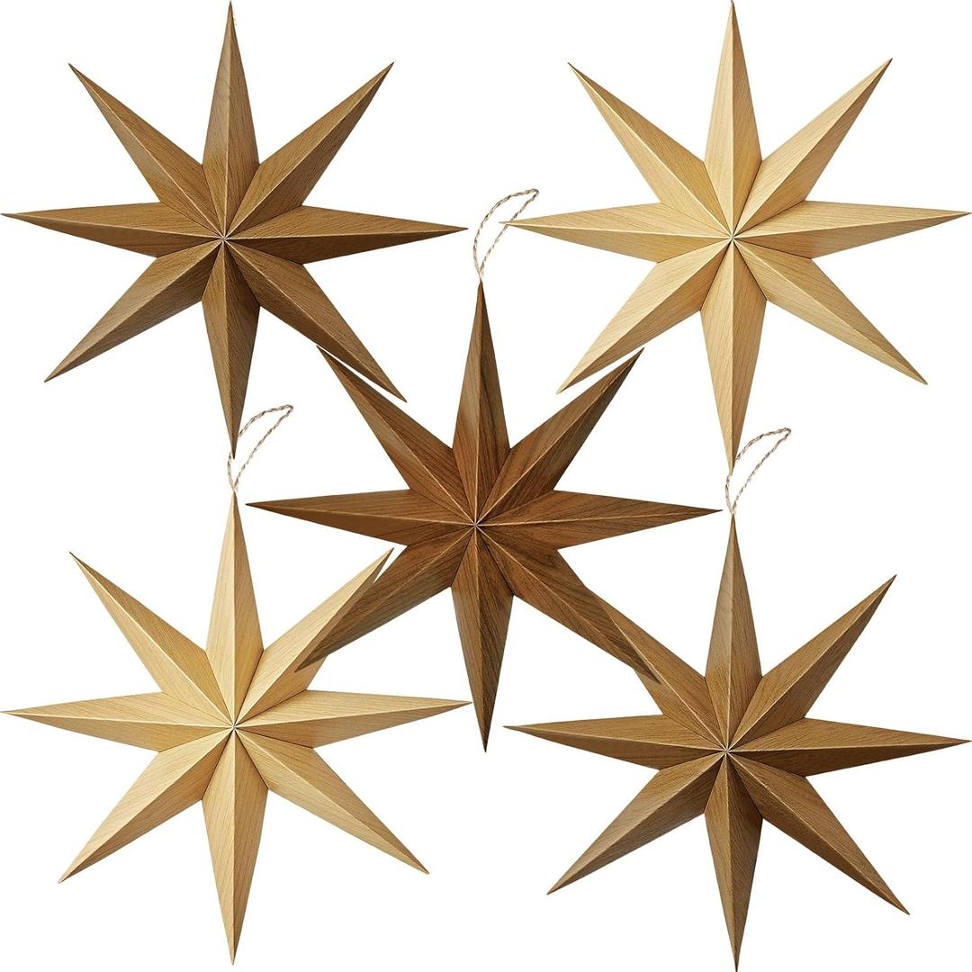 SUNBEAUTY 8-Pointed 12 Inch Paper Star Lanterns Brown Wooden Christmas Lanterns Hanging Lamp Paper Decorations Shade Wedding Birthday Christmas Home Party Decorations (Brown Wooden) 5 Pack