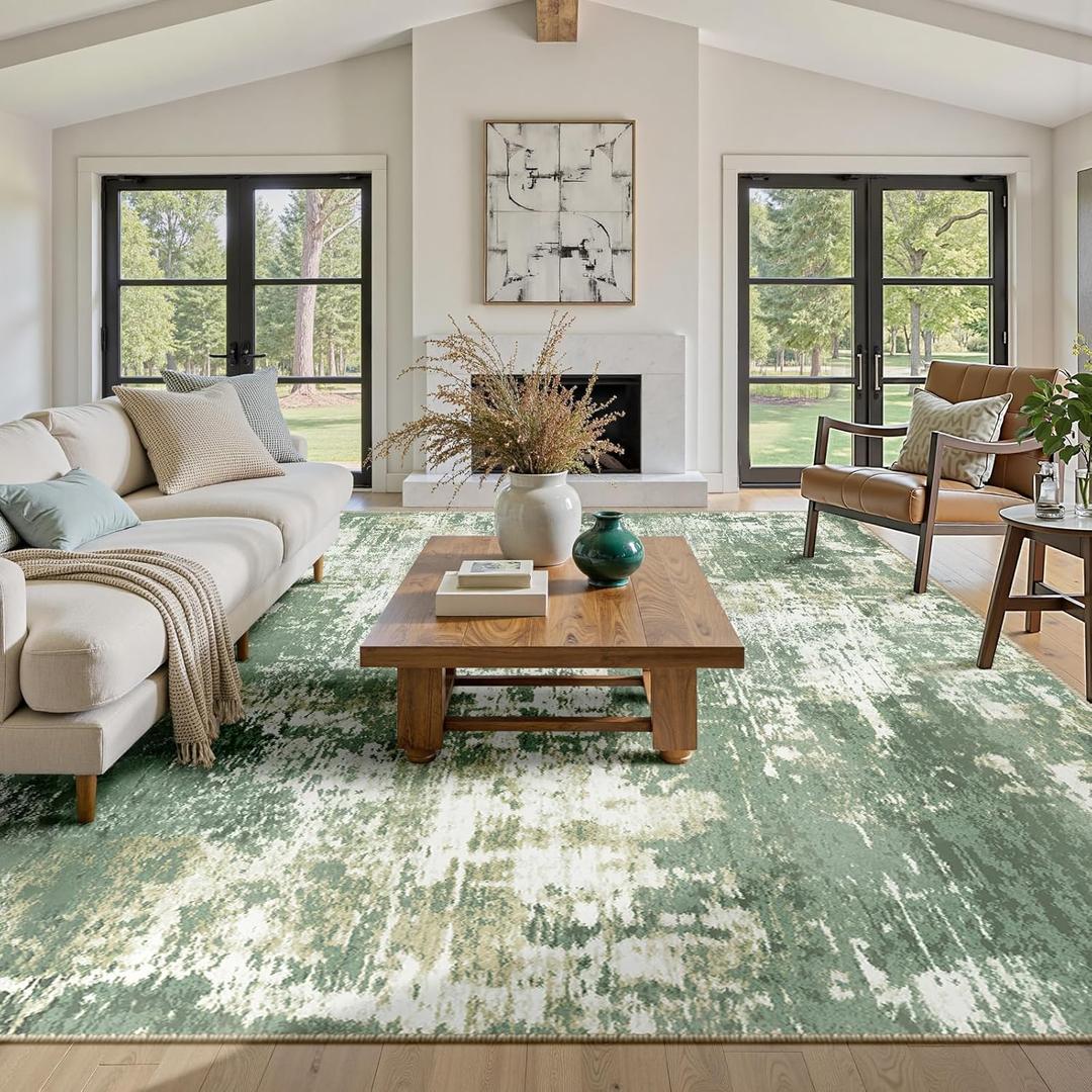 Washable Area Rugs 8'x10' Non-Slip Modern Abstract Soft for Living Room Entryway Bedroom Nursery, Print Pattern, Light Green/Yellow