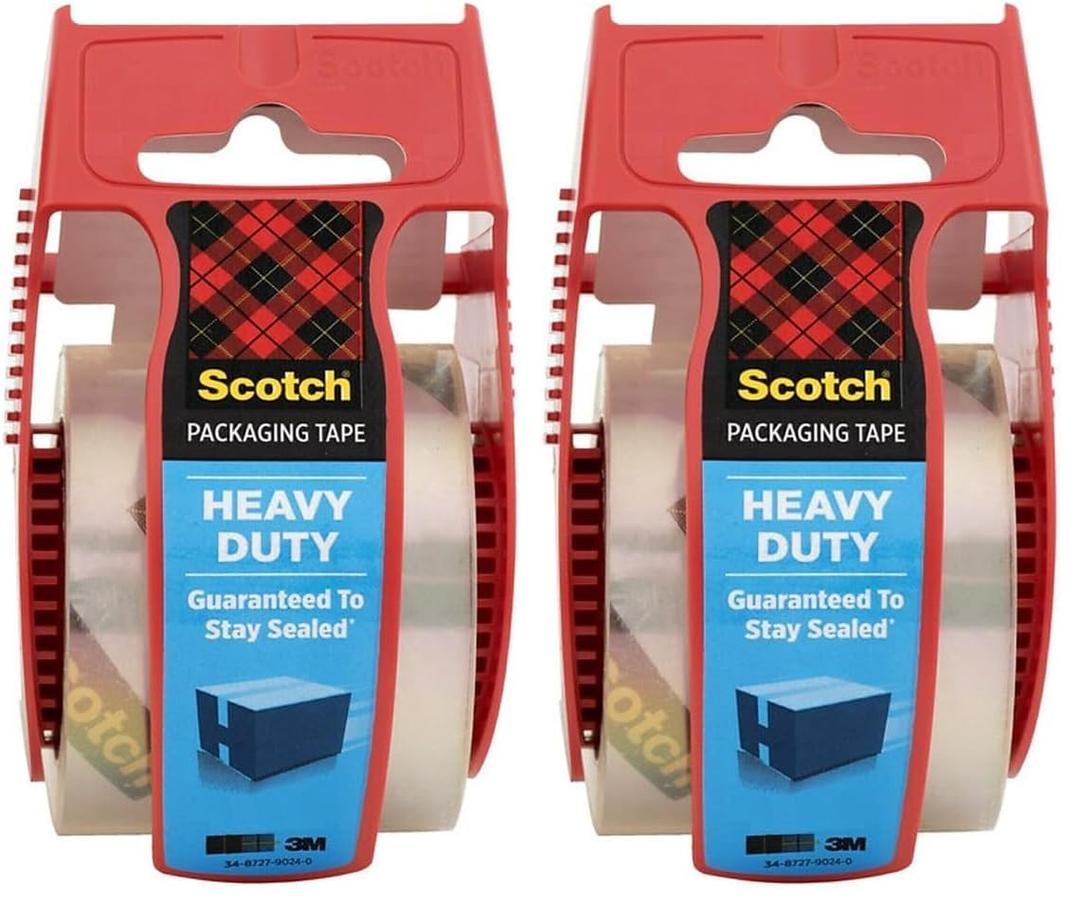 Scotch Heavy Duty Shipping Packaging Clear Tape, 1.5" Core, 1.88" x 22.2 Yard, Red Dispenser (142) (Pack of 2)