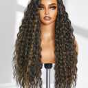 GORGIUS Highlight Water Wave Wig Glueless Pre Cut Synthetic Lace Front Wig 28 Inch Side Parted Black Mix Brown Long Wig For Women Upgraded with Premium Human-Hair-Like Fiber