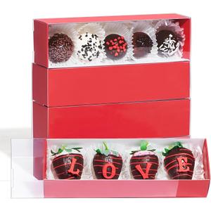 50Pack Red Chocolate Covered Strawberry Box for 4, Macaron boxes, Long Treat Box for Truffles, Cookies, Ores, Chocolate Cocoa Bombs&Cake Ball Bakery Packaging Supplies