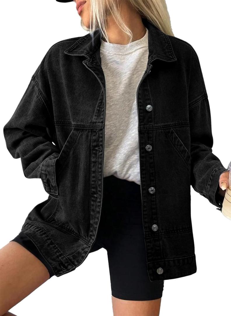 SHEWIN Womens Denim Jacket Casual Long Sleeve Drop Shoulder Button Front Jean Jacket Coat With Pockets (Small, Black)